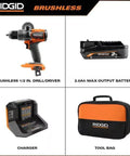 Pro Grade Brushless 18 Volt Cordless Drill Driver Kit With Compact Battery And Quick Charger, includes drill, battery, charger, tool bag.