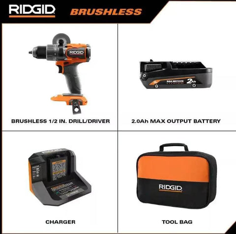 Pro Grade Brushless 18 Volt Cordless Drill Driver Kit With Compact Battery And Quick Charger, includes drill, battery, charger, tool bag.