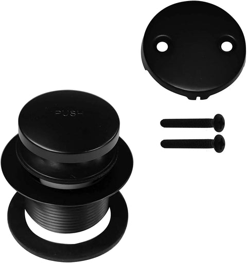 White Tubular Bathtub Waste and Overflow Assembly Kit with Tip-Toe Drain Plug, matte black faceplate and screws shown