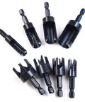 Heavy Duty Wood Plug Cutters Drill Bit Set With Quarter Inch Hex Shank showing eight carbon steel bits for woodworking.