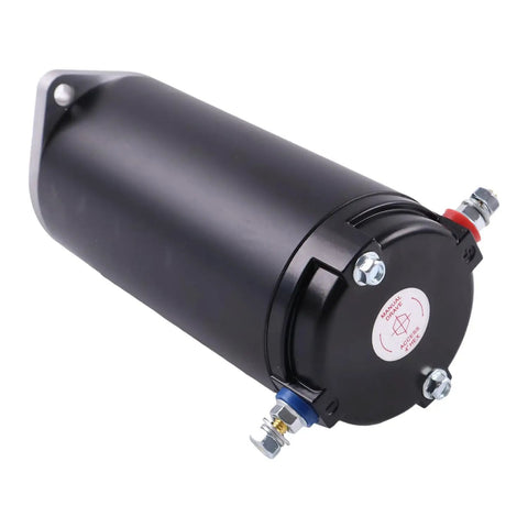 Hydraulic Pump Motor For Unidirectional Power Unit RV Leveling Systems With Heavy Duty Construction 7.5 Inch Height Aftermarket Replacement Compatible With Lippert, featuring a black cylindrical design with two connectors.