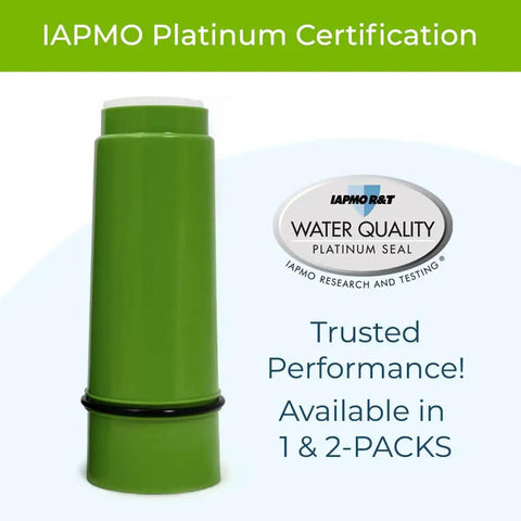 Green 2 Pack Shower Filter Replacement Cartridges For SF7C System RCSF7 with IAPMO Platinum Certification seal.