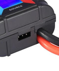 Close-up of Badass No Sweat Plug And Play 200A Digital Wattmeter with red and black cables connected for measuring.