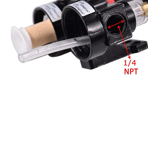 Close-up of Plug And Play Pneumatic Air Filter Regulator Kit with 1/4 in NPT designation visible, featuring gauge and lubricator cup.