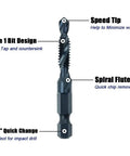 Six Pack Drill Tap Bit Set With Black Nitride Coating For Power Drills And Drivers Includes SAE Sizes 6 32 NC, 8 32 NC, 10 24 NC, 10 32 NC, 12 24 NC, And 1 4 20 NC High Speed Steel 4341 For Fast Cutting And Long Life, showing spiral flute and speed tip.