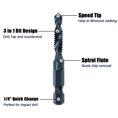 Six Pack Drill Tap Bit Set With Black Nitride Coating For Power Drills And Drivers Includes SAE Sizes 6 32 NC, 8 32 NC, 10 24 NC, 10 32 NC, 12 24 NC, And 1 4 20 NC High Speed Steel 4341 For Fast Cutting And Long Life, showing spiral flute and speed tip.