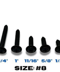 Fifty Phillips Trim Screws With Integrated Washers Black Phosphate Slick Finish For Dash Door Panel Headliner Console No Sweat Straight Swap Replacement Hardware Fits Ford Lincoln Mercury Trucks.  Five assorted lengths of screws with black finish.