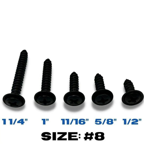 Fifty Phillips Trim Screws With Integrated Washers Black Phosphate Slick Finish For Dash Door Panel Headliner Console No Sweat Straight Swap Replacement Hardware Fits Ford Lincoln Mercury Trucks.  Five assorted lengths of screws with black finish.