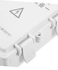 Close-up of a heavy duty white waterproof plastic electrical junction box for wiring security cameras and electronic components with UV resistance for outdoor commercial use.