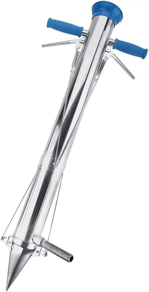 Semi Automatic Garden Transplanter Seedling Tool With Single Handle No Bending Required, stainless steel body with blue handles