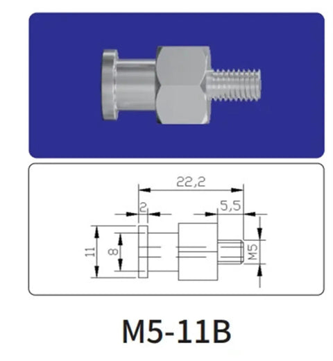 M5-11B series connector with hex nut and thread, used in pneumatic applications for securely attaching components.