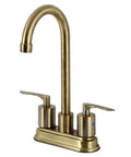 Serena Two Handle Deck Mount Bar Faucet In Antique Brass With Two Hole Four Inch Centerset Washerless Cartridge Half Inch To Fourteen NPSM Connection 1.8 GPM Flow Solid Brass Build For Your Home Bar, showing full front view with high spout and dual lever handles.