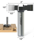 CNC Spoilboard Surfacing Planer Router Bit 1/2 Inch Shank 2 Inch Cutting Diameter Slab Flattening Bottom Cleaning Wood Planing Leveling Face Mill Heavy Duty Carbide Tipped Bit With Four Wings, shown with measurements and wood base.