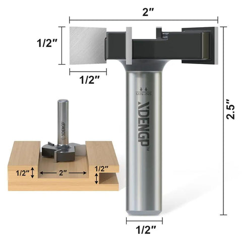 CNC Spoilboard Surfacing Planer Router Bit 1/2 Inch Shank 2 Inch Cutting Diameter Slab Flattening Bottom Cleaning Wood Planing Leveling Face Mill Heavy Duty Carbide Tipped Bit With Four Wings, shown with measurements and wood base.