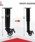 Beefy Adjustable Metal Furniture Legs With Casters 12 To 18 Inch Set Of 4 Heavy Duty Bed Frame Center Slat Support DIY Replacement Feet For Cabinet Sofa Couch TV Stand Black, showing height adjustment from 12.2 to 17.7 inches.