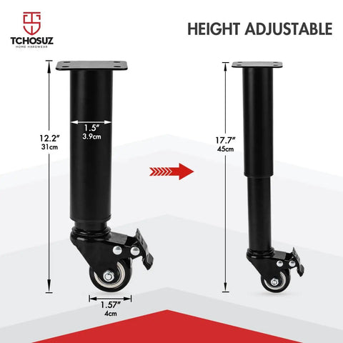 Beefy Adjustable Metal Furniture Legs With Casters 12 To 18 Inch Set Of 4 Heavy Duty Bed Frame Center Slat Support DIY Replacement Feet For Cabinet Sofa Couch TV Stand Black, showing height adjustment from 12.2 to 17.7 inches.