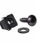 Premium 12-24 Square Dinch Cage Nuts With Washers 25 Pack Snap In Server Rack Mounting Hardware, showing snap-in nut, screw, and washer