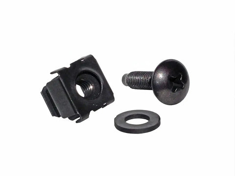 Premium 12-24 Square Dinch Cage Nuts With Washers 25 Pack Snap In Server Rack Mounting Hardware, showing snap-in nut, screw, and washer