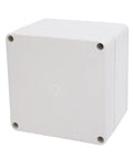 Front view of IP65 Waterproof ABS Plastic Enclosure Box with concealed mounting holes, durable weatherproof housing, 120x120x90mm.