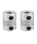 Two silver aluminum 8mm-to-8mm shaft couplers with set screws, 25mm length, 20mm diameter.