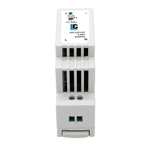 Front view of Din Rail Slim 5V Power Supply 15W 2.4A Plug And Play Switching Adapter For Control Panels, Input 100-240VAC, Output 5VDC