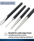 Close-up of 4 tools from Heavy Duty Punch and Chisel Kit, 16-Piece Set With Center Punches, Pin Punches, Starter Punch, Chisels