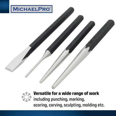 Close-up of 4 tools from Heavy Duty Punch and Chisel Kit, 16-Piece Set With Center Punches, Pin Punches, Starter Punch, Chisels