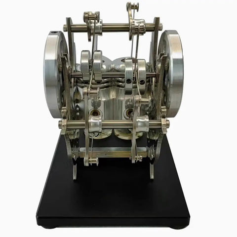 Dope DIY Stirling Engine Kit With Two Cylinder Dual Piston For Adults That Lets You Build A Hot Air External Stirling Engine Model And Geek Out On Thermodynamics With Tech Enthusiasts And Science Nerds, metal dual-cylinder model on black base