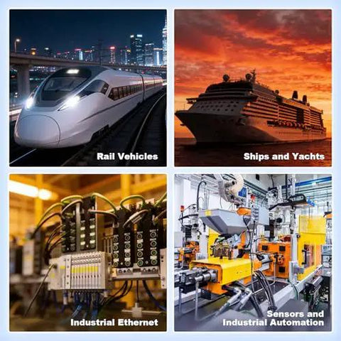 Collage showing rail vehicles, ships, industrial ethernet, and industrial automation environments.