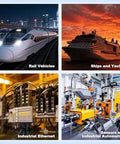 Collage of rail vehicles, ships, and industrial automation setups showcasing applications for M12 5 Pin A Code Shielded Sensor Connector Cable.