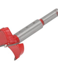 Close-up of red drill bit from 35mm Hinge Boring Jig Kit With Hole Locator, Red Drill Bit And Wrench For Furniture Cabinets.
