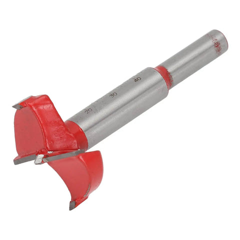 Close-up of red drill bit from 35mm Hinge Boring Jig Kit With Hole Locator, Red Drill Bit And Wrench For Furniture Cabinets.
