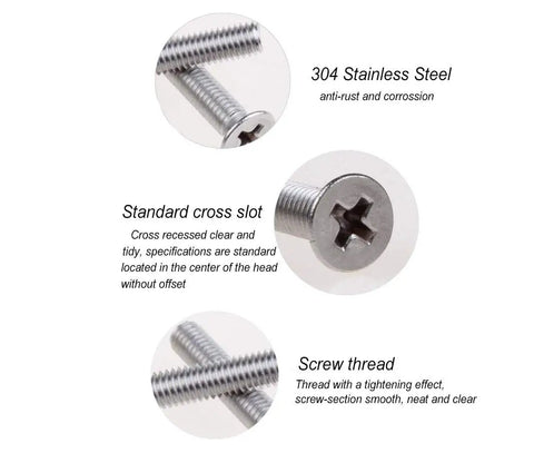 Close-up view of 304 stainless steel M2-M5 Phillips countersunk flat head machine screws with standard cross slot and screw thread
