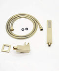 Premium Brushed Gold Shower Faucet Set Featuring 10 Inch Square Rainfall Head And Handheld Sprayer Wall Mounted Bathroom Mixer Valve Combo Slick Brass Plumbing Quick Install hose and sprayer components