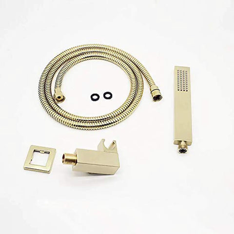 Premium Brushed Gold Shower Faucet Set Featuring 10 Inch Square Rainfall Head And Handheld Sprayer Wall Mounted Bathroom Mixer Valve Combo Slick Brass Plumbing Quick Install hose and sprayer components