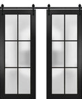 Sturdy Double Barn Door With Frosted Glass In Matte Black Rail Kit For Interior Sliding Doors Two Panels 84 By 96 Inches Each