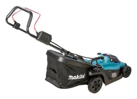 Smooth Operator 18V Li Ion Cordless Lawn Mower With 330mm Two Tooth Mulching Head Three In One Grass Clipping Catcher, side view.