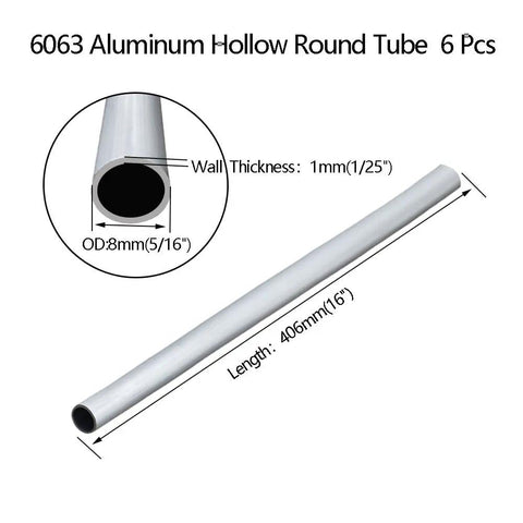 Sixteen Inch Aluminum Round Tube With Five Sixteenth Inch Outer Diameter And One Millimeter Wall Thickness Hollow Seamless Tubing Made From 6063 Aluminum Six Piece Set For Lightweight Crafting And Welding And DIY Projects view showing product dimensions.