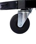 Close-up of caster wheel on Three Drawer Chest Rolling Mechanic Seat With Tool Trays For Garage And Warehouse Heavy Duty Toolbox Seat Black