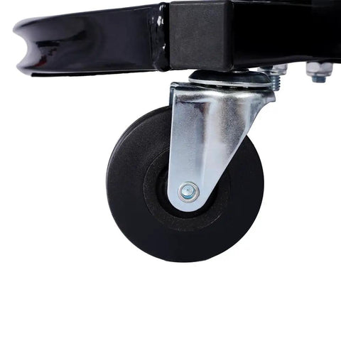 Close-up of caster wheel on Three Drawer Chest Rolling Mechanic Seat With Tool Trays For Garage And Warehouse Heavy Duty Toolbox Seat Black