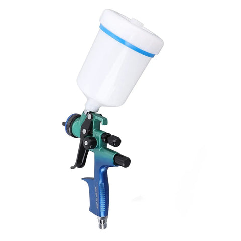 This Savage HVLP Spray Gun Slays On Cabinets And Cars With A 600ml Cup And 1.3mm Nozzle in green and blue.