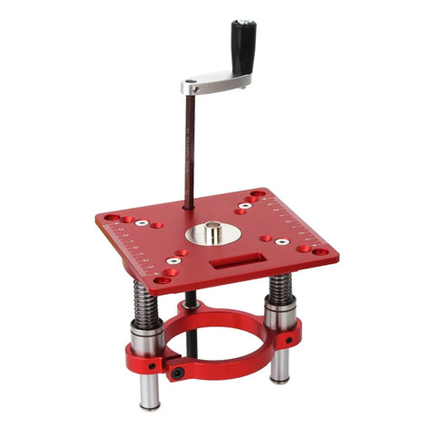 Heavy Duty Aluminum Router Lift Base With Precision Router Table Insert Plate For Woodworking Table Saw And Trimmer Machine, red with adjustable handle.