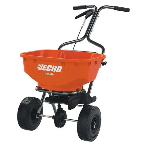 60 Lb Heavy Duty Spreader Workhorse For Lawn And Garden Use With Durable Black Finish RB60 with orange hopper on sturdy wheels