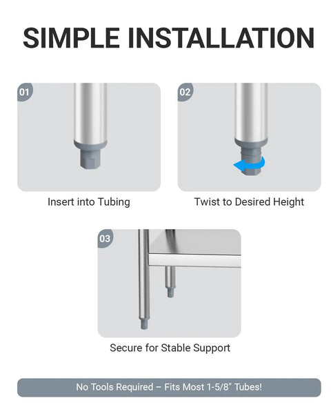 Installation steps for Beefed-Up Adjustable Bullet Feet For 1-5/8 Inch Tubing Heavy-Duty Leg Levelers with plastic construction.