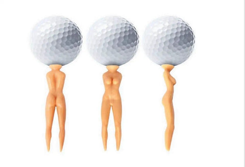 Three flesh-colored plastic golf tees with golf ball tops, 3 inches long, 0.43 inch diameter, for women's practice and lessons.