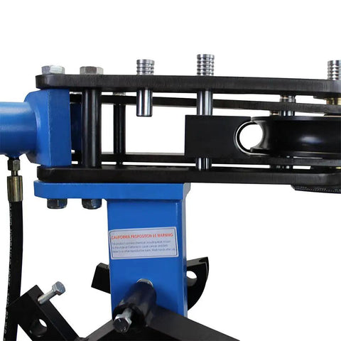 Close-up of Built Tough 10 Ton Electric Hydraulic Pipe Bender showing the hydraulic ram and control mechanism for steel tubing.