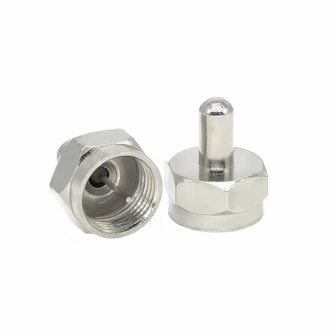 Five Pack F Type Male Terminator Caps 75 Ohms Coax Cap Terminator Cover for TV Antennas, Splitters, Amplifiers and Boosters close-up view