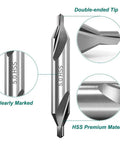 8 Piece HSS Center Drill Bit Set With 60 Degree Countersink For Lathe Mill Metalworking Pro Grade High Speed Steel Includes Sizes 1 1.5 2 2.5 3 4 5 6 mm Durable Center Drills For Accurate Pilot Holes, close-up view showing double-ended tip and marking.