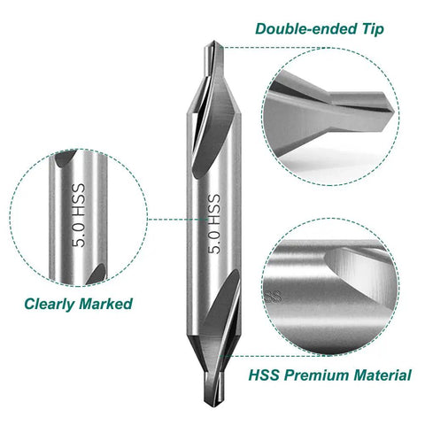 8 Piece HSS Center Drill Bit Set With 60 Degree Countersink For Lathe Mill Metalworking Pro Grade High Speed Steel Includes Sizes 1 1.5 2 2.5 3 4 5 6 mm Durable Center Drills For Accurate Pilot Holes, close-up view showing double-ended tip and marking.