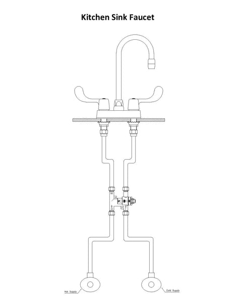 Diagram of kitchen sink showing installation of under counter thermostatic mixing valve three eighths inch brass lead free body.
